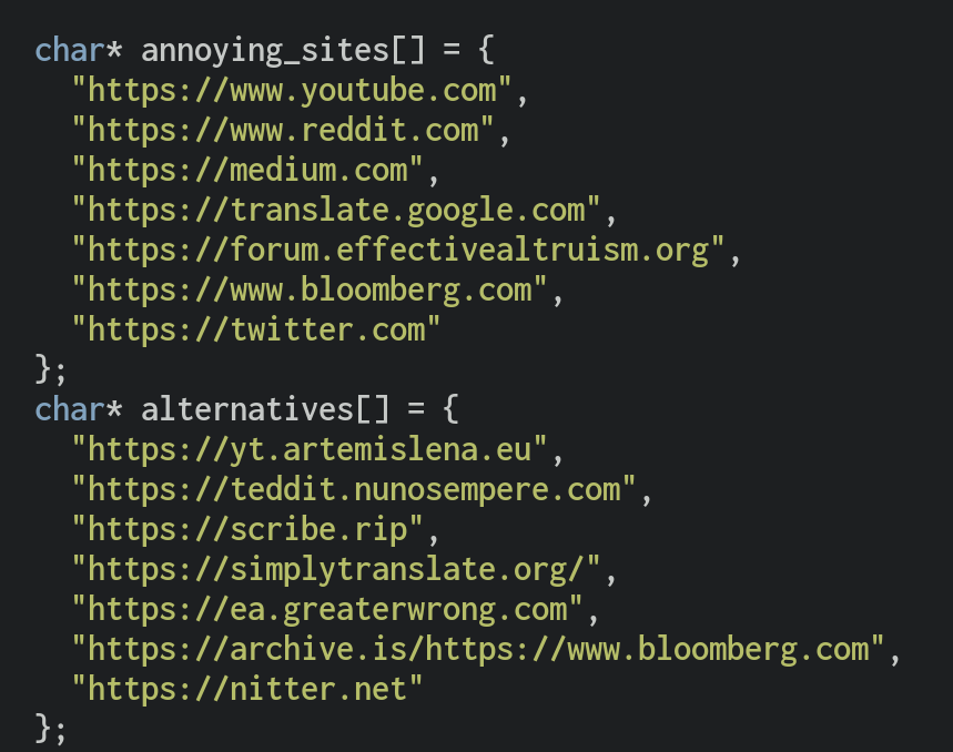 Pictured: list of sites that I am redirecting